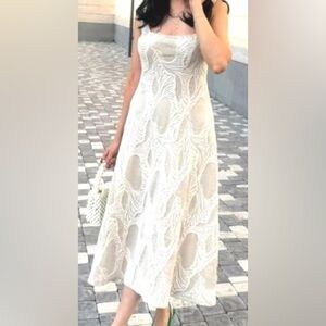 Zara Rustic Jacquard Sleeveless Knit Midi Dress Large Tan Cream Stretch NEW